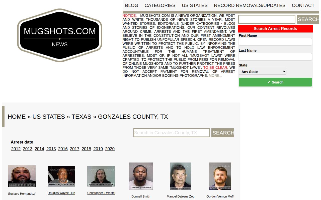 Mugshots.com historical Gonzales County source page